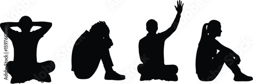 Silhouettes of seated diverse individuals in various poses, expressing emotion, gesture, and identity, isolated on clean white background