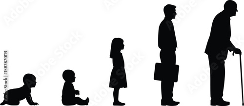 Silhouettes of woman evolving through life stages, childhood to old age, aging process, generational timeline, human development, life cycle illustration