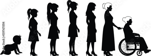 Silhouettes of woman transitioning through life stages, from childhood to old age, aging process, human development, timeline, black and white