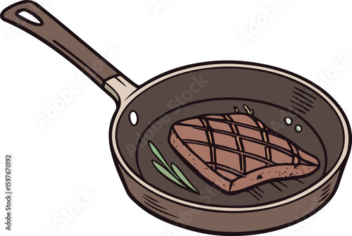 Vector artwork of grilled steak in a hot skillet, ideal for recipes, food packaging, and cooking advertisements.