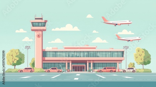Airport terminal building with planes in the sky.