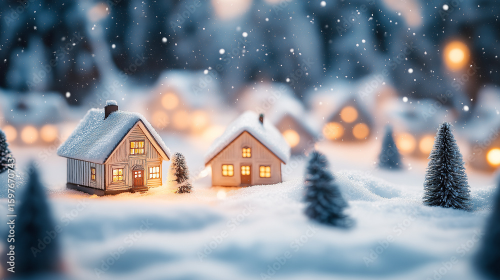 Naklejka premium Cozy miniature village nestled in a snowy landscape with warm glowing lights