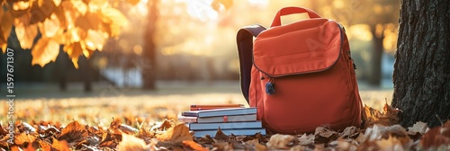 Orange backpack and stack of books sit on a bed of fallen autumn leaves beneath a tree at sunset, creating a serene back to school scene