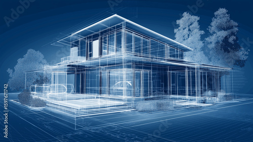 Realistic architectural blueprint of modern two story house with sleek design, surrounded by trees. blueprint features detailed lines and transparent overlay, showcasing structure layout