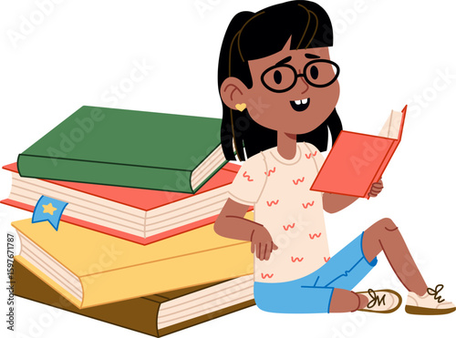 Girl Reading Next to Books