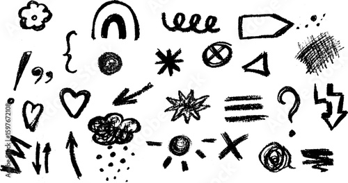 Hand-drawn black doodles and symbols on white background