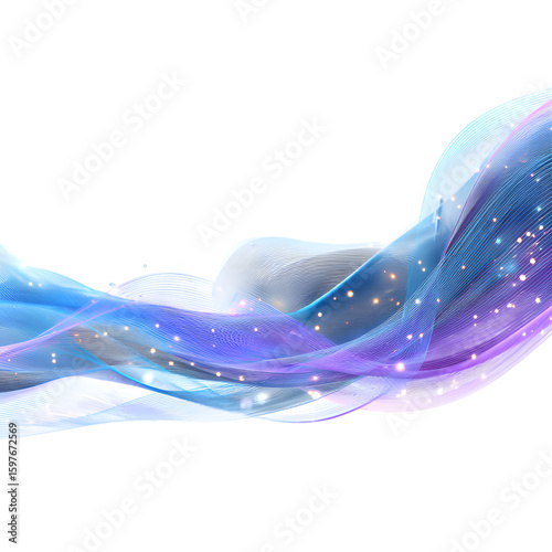 Abstract flowing ribbons of blue and purple with sparkling lights on a black background design element
