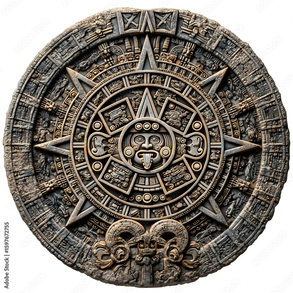 Obraz premium Intricate Aztec sun stone carving, presented with angled lighting to reveal radial patterns and stone texture, isolated on a transparent background. --v 7.0 --s 250 --raw