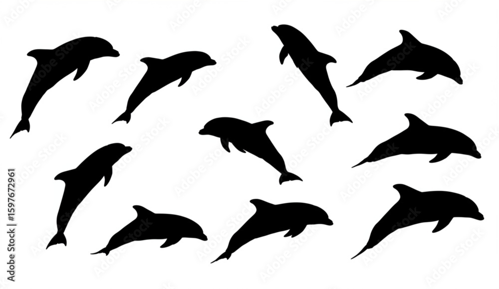 Obraz premium set of black silhouette of dolphin on a separate white background 