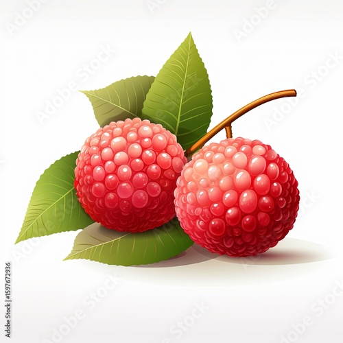 Close-up of two fresh lychee fruits with green leaves on a white background. Perfect for showcasing healthy eating, tropical flavors, and exotic cuisine in editorial or advertising contexts.