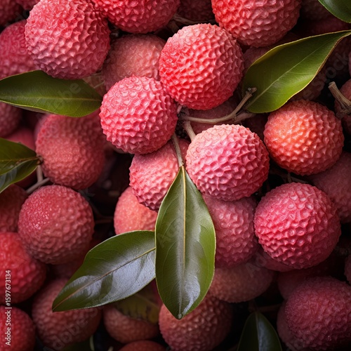 A vivid close-up of lychee fruits showcases their unique texture and color, surrounded by fresh green leaves. Ideal for promoting healthy eating and tropical fruit themes.