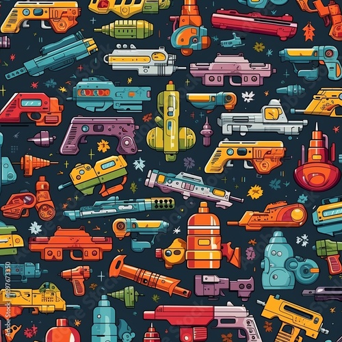 A colorful pattern showcasing retro-futuristic blasters and ray guns. Ideal for sci-fi projects, fabric designs, wallpaper, posters, and video games, adding a touch of nostalgia.