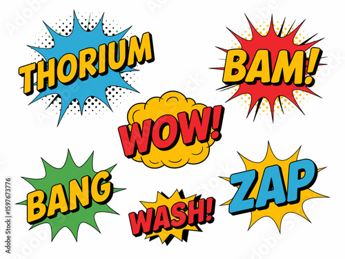 Retro Comic Book Speech Bubbles with Words Like Bang Wow Zap and Thorium Illustration