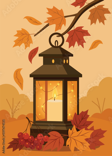Autumn flat vector illustration with lantern and lit candle surrounded by autumn leaves and berries. Warm and cozy design for seasonal cards, posters or decor