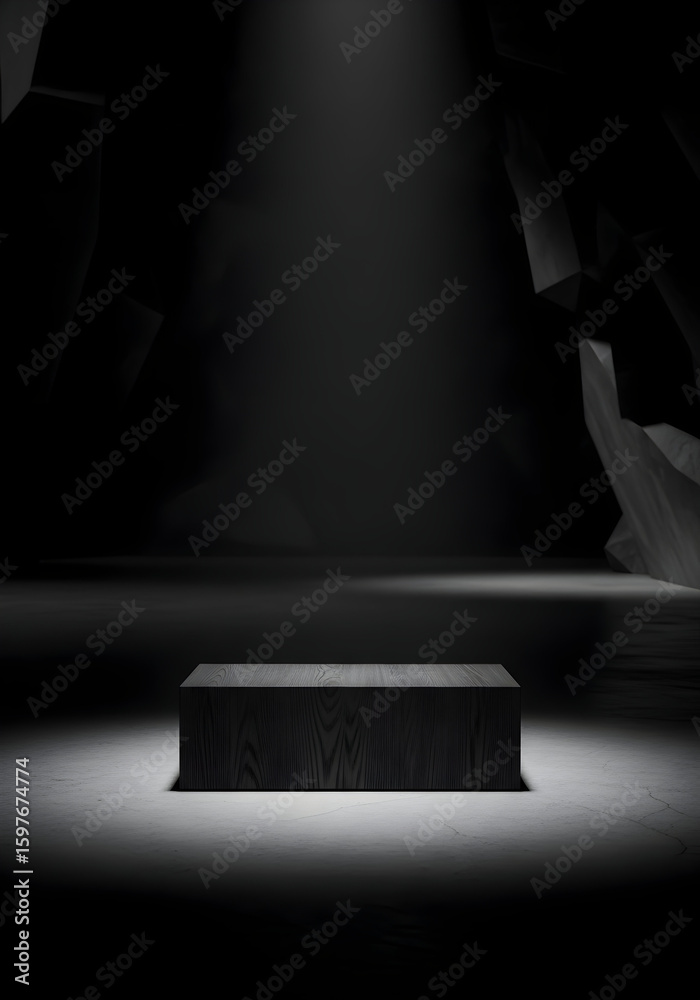 Obraz premium Dramatic wooden podium display for product showcase in a dark and moody studio setup