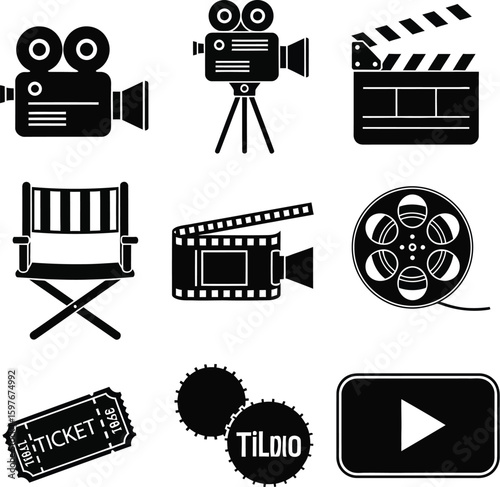 Movie making film production equipment and cinema related icons vector illustration