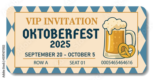 Elegant VIP ticket for Oktoberfest 2025 with beer mug and Bavarian ornament. Ideal for posters, flyers, invitations and premium event decoration