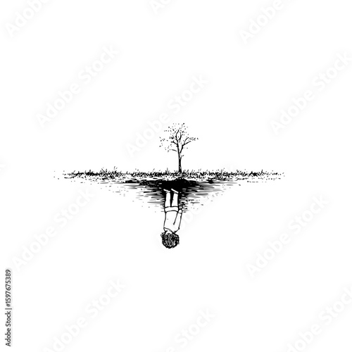 Illustration of a lone tree and its reflection with a figure in the water on a white background