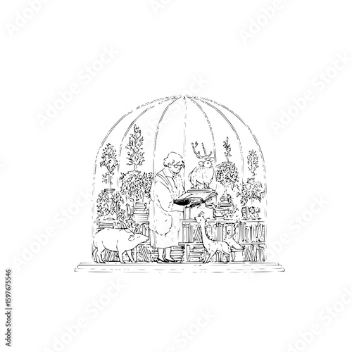 Illustration of a woman reading a book surrounded by plants and animals inside a glass dome structure