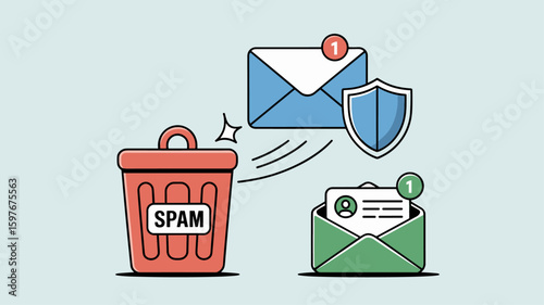 email being filtered into spam folder and secure inbox vector illustration, avoiding spam, improving email deliverability and antispam filtering