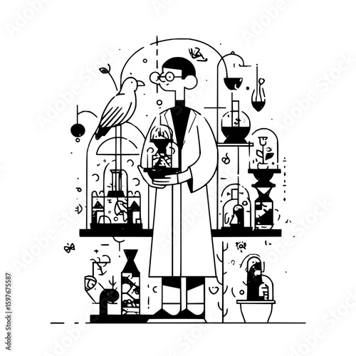 Scientist in lab coat surrounded by plants and experiments with a bird perched nearby in black and white