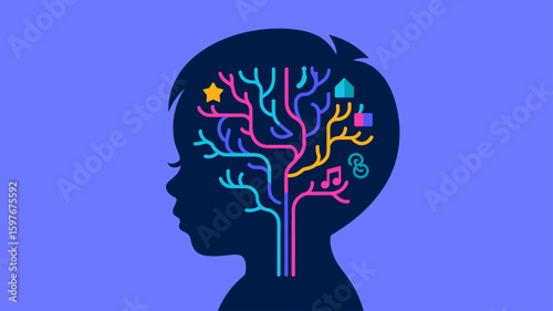 child's head silhouette with a brain tree of neural connections vector illustration, brain development, cognitive growth and early childhood education