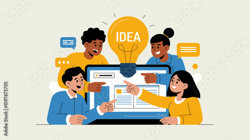 diverse team of students collaborating on a laptop with an idea lightbulb vector illustration, for a collaborative group project, creative brainstorming and teamwork innovation