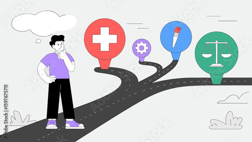 student at a crossroads choosing a career path vector illustration, major selection, life decision making and future planning