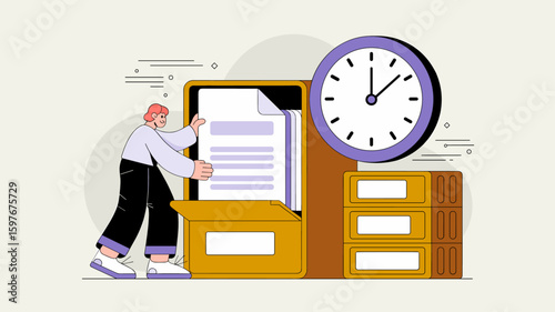 archivist filing a document into a cabinet next to a clock vector illustration, corporate records management policy, document archiving and information governance