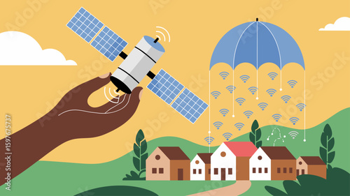 hand holding satellite providing wifi to a rural village vector illustration, connecting the unconnected, global satellite internet access and bridging the digital divide