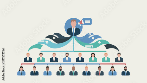 manager with megaphone on top of organizational chart vector illustration, top-down communication flow, corporate hierarchy and business leadership