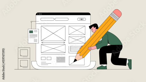 designer with large pencil drawing a website wireframe vector illustration, structural design, application prototyping and user interface planning