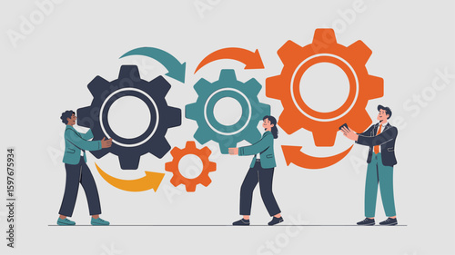 team of colleagues working together to turn large gears vector illustration, business workflow, teamwork process and operational efficiency
