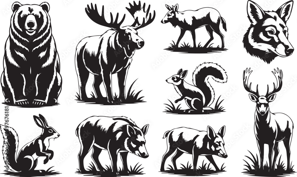 Naklejka premium Forest animals bear moose deer wolf squirrel hog vector