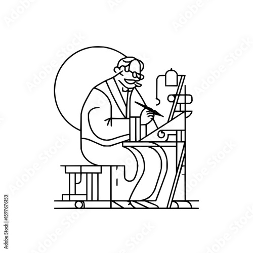 Line art illustration of an architect at his drafting table with a large circle in the background