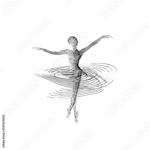Abstract line art of a ballerina in graceful pose with arms extended and swirling skirt design shown in black