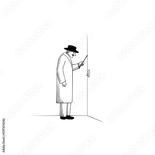Man in coat and hat uses a stick to open a door in a minimalist black and white line drawing style