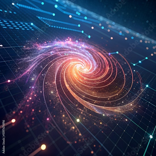 Swirling data vortex made of glowing particles and colorful lights, futuristic cyber grid background, perfect for AI technology concept visuals.