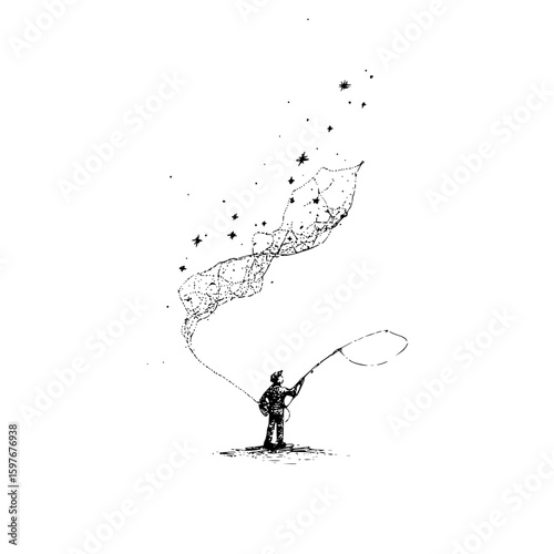 A lone angler casts his line under a starry sky creating a magical and whimsical scene in black and white