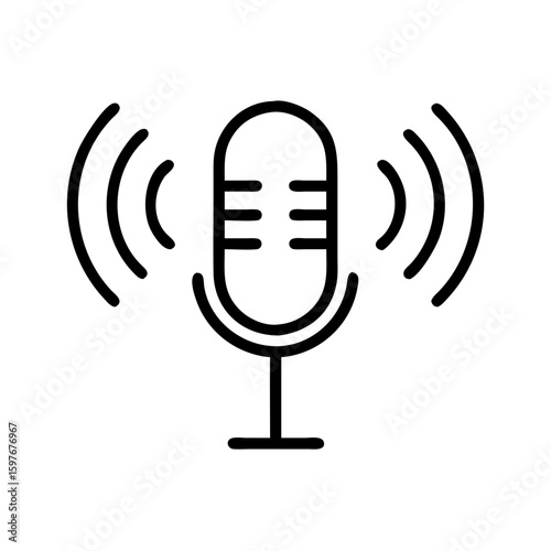 Microphone with sound waves radiates outwards in a simple illustration, sound waves emanate from device, representing audio recording or live broadcast.
