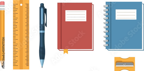 Illustration of school supplies including a pencil, ruler, pen, notebook, eraser, and sharpener