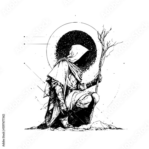 A cloaked figure crouches holding a branch before a dark circle in a black and white illustration
