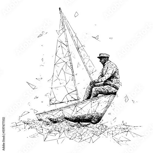 Illustration of a sailor in a polygonal sailboat sailing on polygonal water in black and white style