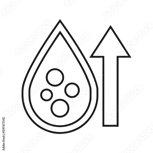 Outlined blood drop icon with upward arrow and lipid particles for cholesterol concept vector illustration