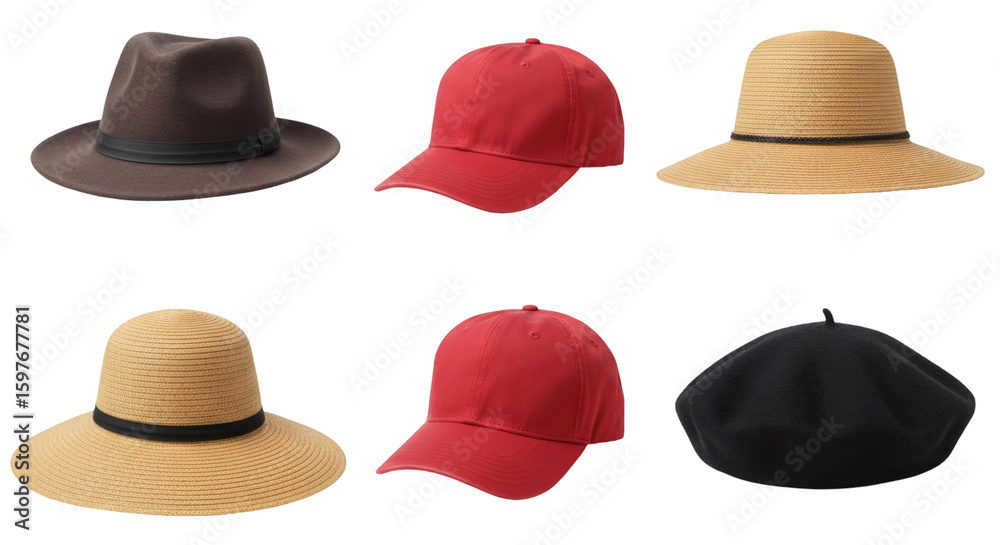 Variety of headwear displayed against a black background. Variety of headwear displayed against a black background.