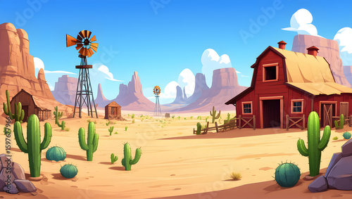 Desert Farm Scene with Barn Windmill and Cacti
