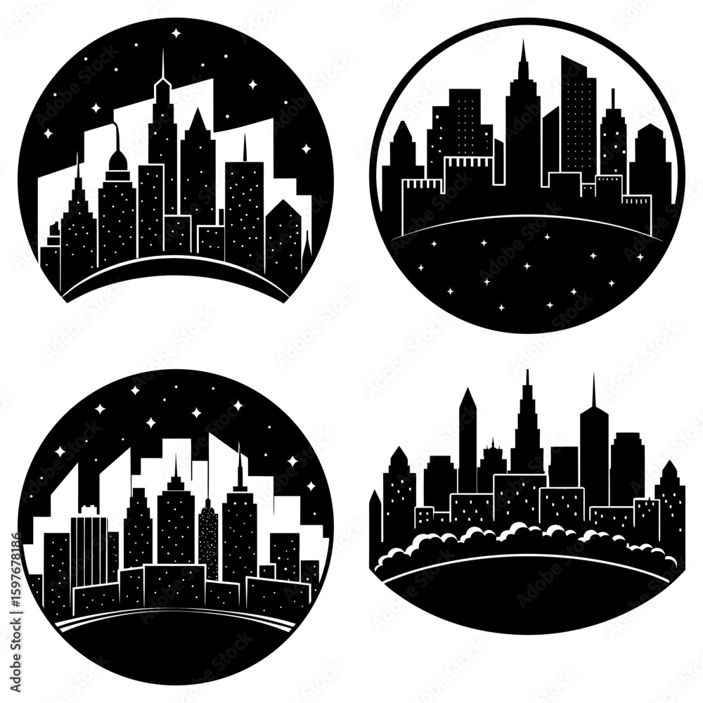 Fototapeta premium Four circular skyline illustrations in black and white showing cityscapes at night with stars above