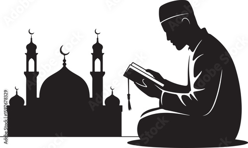 Man reading the holy Quran book near mosque vector