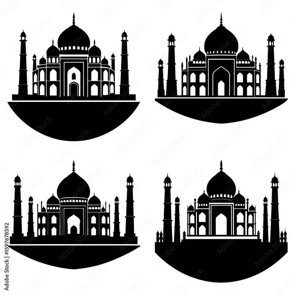 custom made wallpaper toronto digitalFour black silhouettes of the taj mahal on circular bases in a symmetrical arrangement on white background