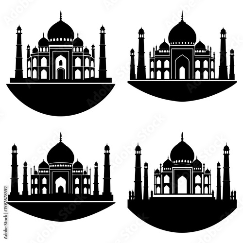 Four black silhouettes of the taj mahal on circular bases in a symmetrical arrangement on white background